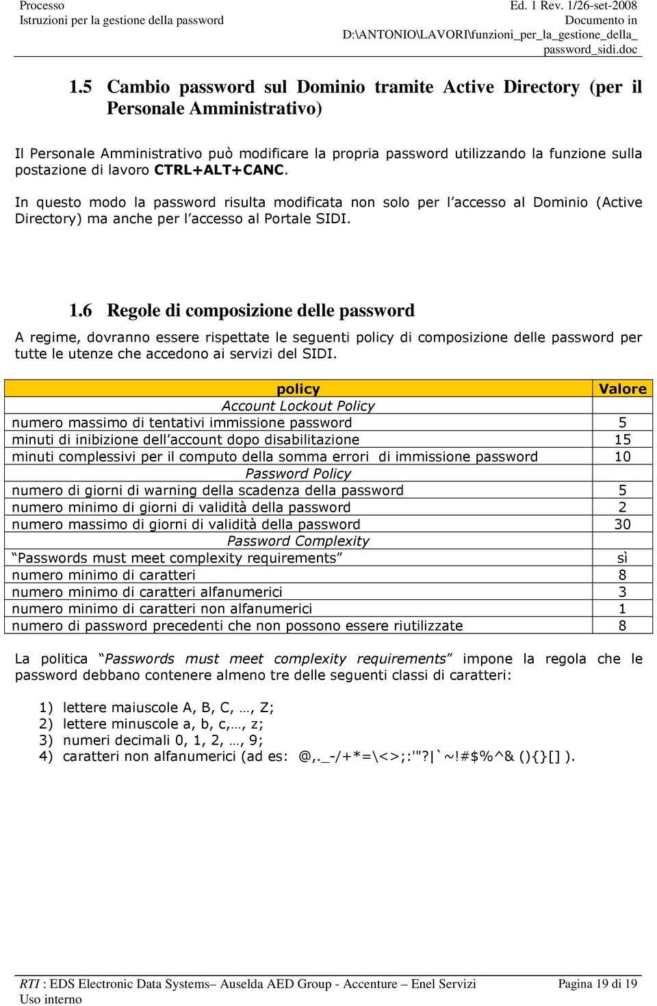 6 Regole di composizione delle password A regime, dovranno essere rispettate le seguenti policy di composizione delle password per tutte le utenze che accedono ai servizi del SIDI.