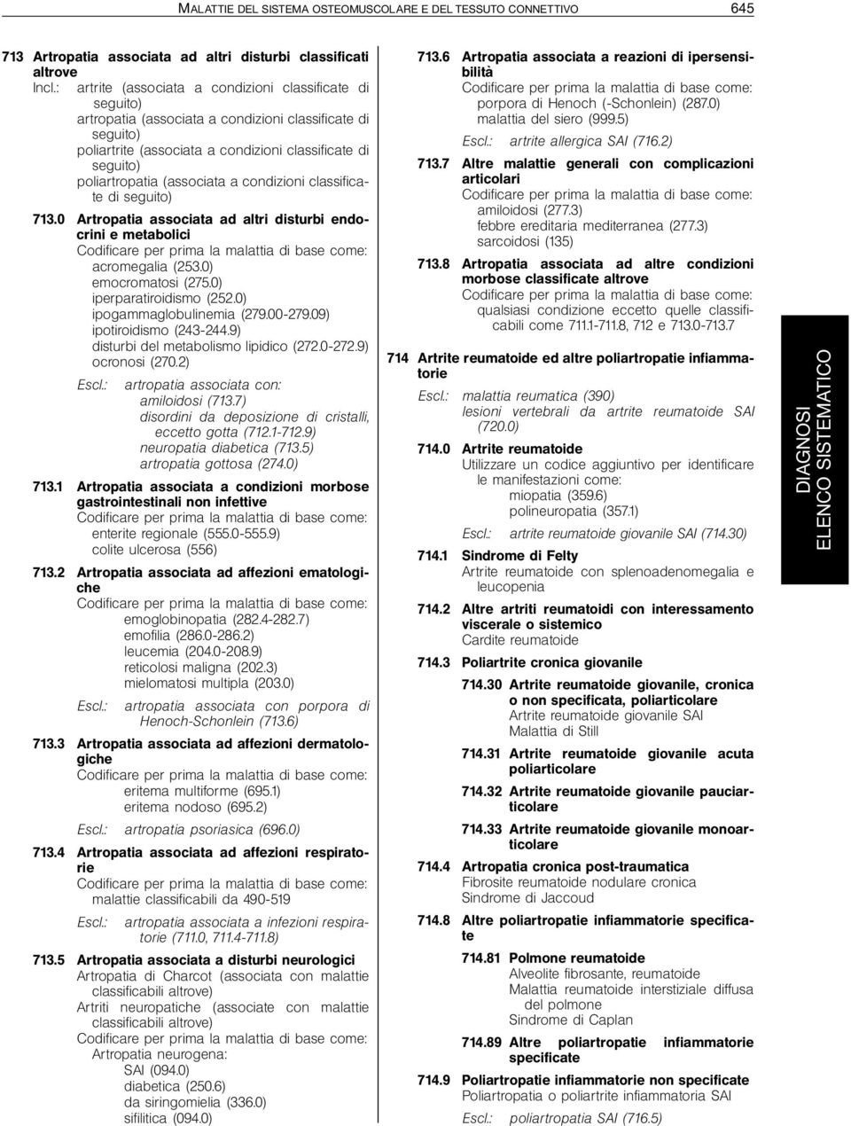 (associata a condizioni classificate di seguito) 713.0 Artropatia associata ad altri disturbi endocrini e metabolici Codificare per prima la malattia di base come: acromegalia (253.
