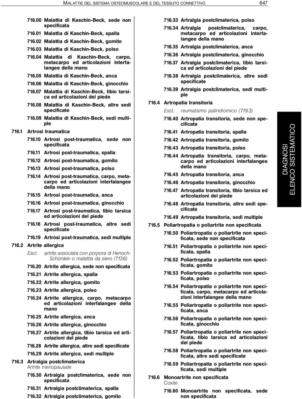 05 Malattia di Kaschin-Beck, anca 716.06 Malattia di Kaschin-Beck, ginocchio 716.07 Malattia di Kaschin-Beck, tibio tarsica ed articolazioni del piede 716.