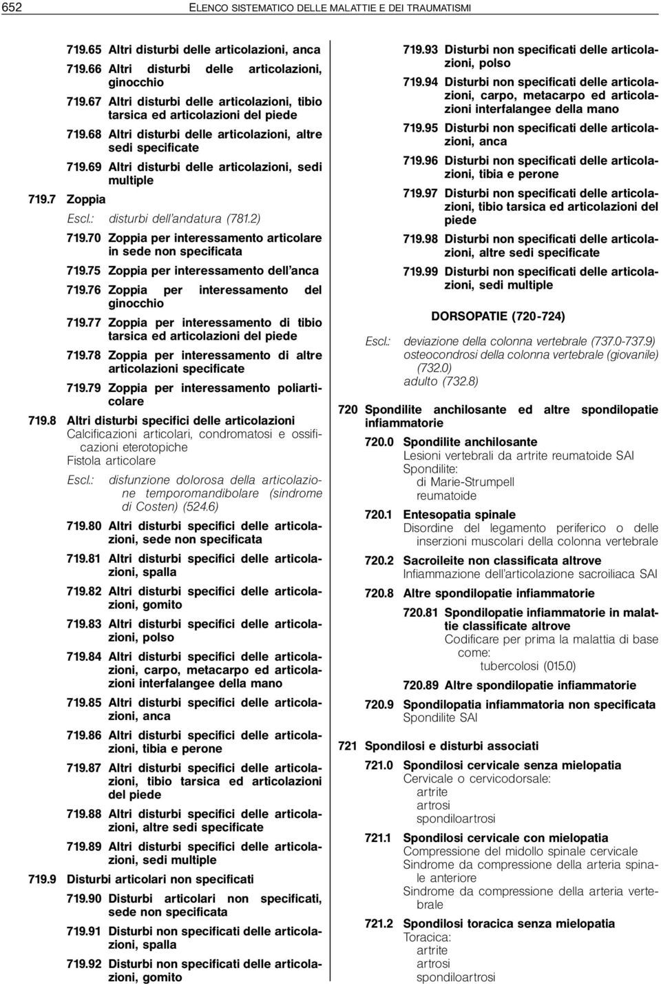 69 Altri disturbi delle articolazioni, sedi multiple 719.7 Zoppia Escl.: disturbi dell andatura (781.2) 719.70 Zoppia per interessamento articolare in sede non specificata 719.