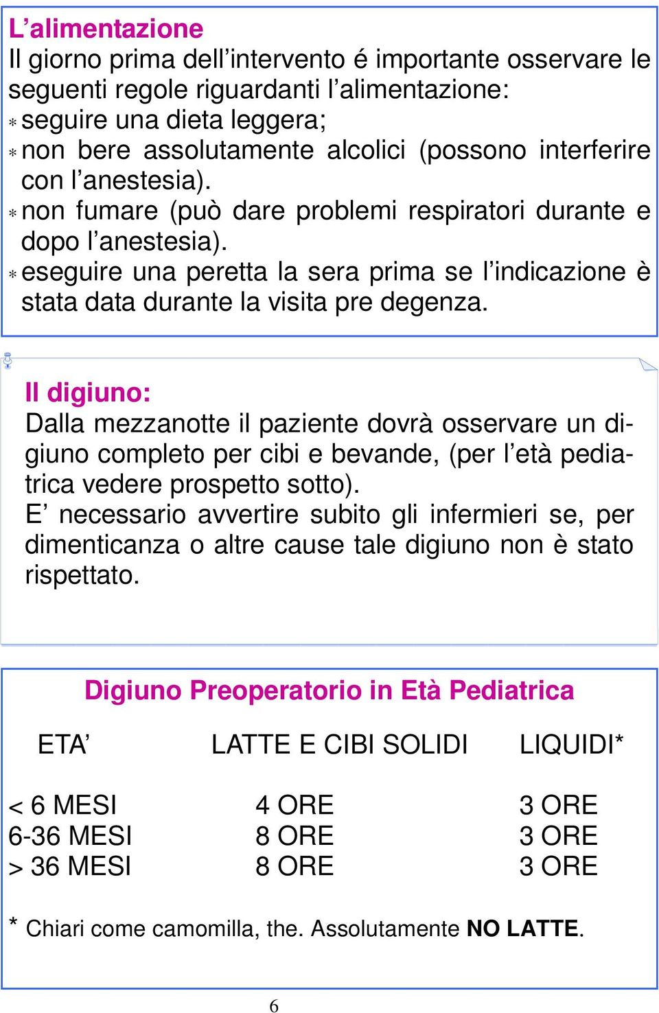 Il digiuno: Dalla mezzanotte il paziente dovrà osservare un digiuno completo per cibi e bevande, (per l età pediatrica vedere prospetto sotto).