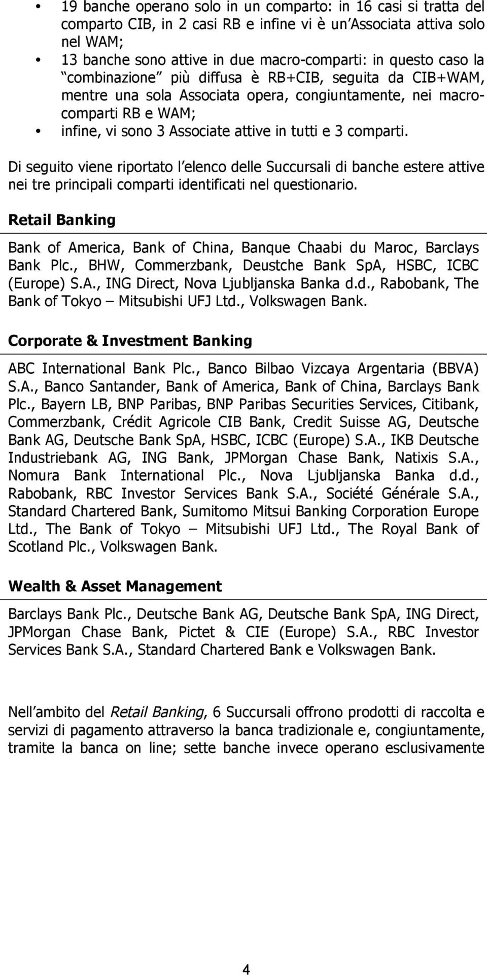 Di seguito viene riportato l elenco delle Succursali di banche estere attive nei tre principali comparti identificati nel questionario.