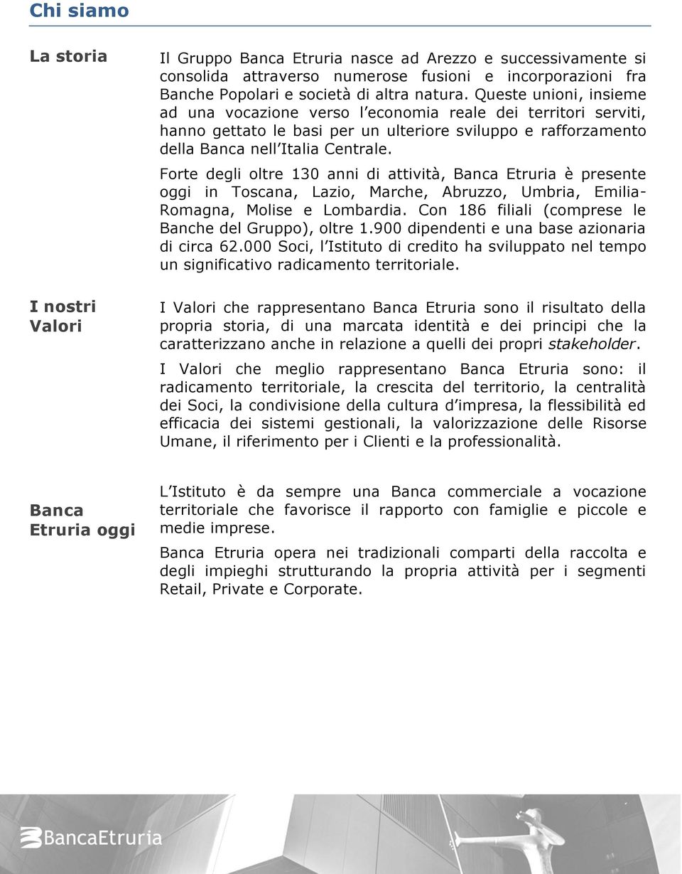 Forte degli oltre 130 anni di attività, Banca Etruria è presente oggi in Toscana, Lazio, Marche, Abruzzo, Umbria, Emilia- Romagna, Molise e Lombardia.