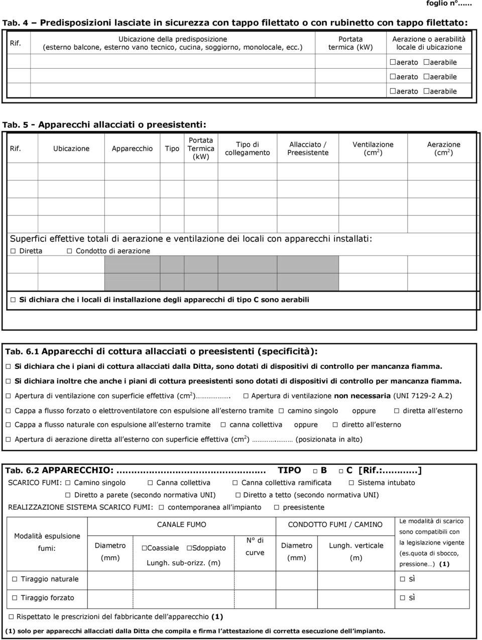 5 - Apparecchi allacciati o preesistenti: Ubicazione Apparecchio Tipo Portata Termica (kw) Tipo di collegamento Allacciato / Preesistente Ventilazione (cm 2 ) Aerazione (cm 2 ) Superfici effettive