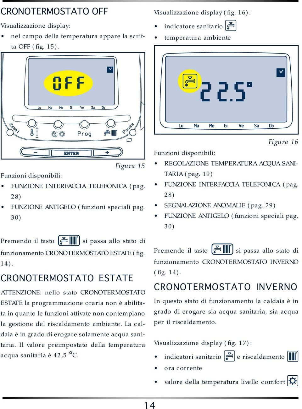 30) Premendo il tasto si passa allo stato di funzionamento CRONOTERMOSTATO ESTATE (fig. 14).