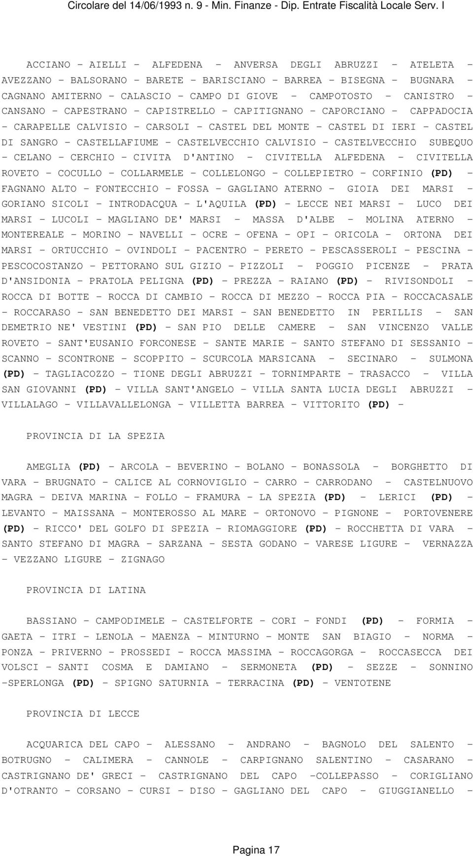 CASTELVECCHIO CALVISIO - CASTELVECCHIO SUBEQUO - CELANO - CERCHIO - CIVITA D'ANTINO - CIVITELLA ALFEDENA - CIVITELLA ROVETO - COCULLO - COLLARMELE - COLLELONGO - COLLEPIETRO - CORFINIO (PD) - FAGNANO