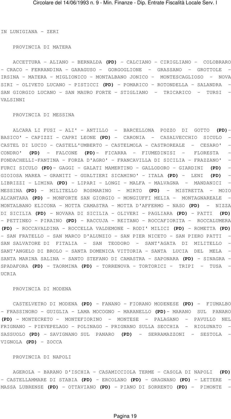 - VALSINNI PROVINCIA DI MESSINA ALCARA LI FUSI - ALI' - ANTILLO - BARCELLONA POZZO DI GOTTO (PD)- BASICO' - CAPIZZI - CAPRI LEONE (PD) - CARONIA - CASALVECCHIO SICULO - CASTEL DI LUCIO -