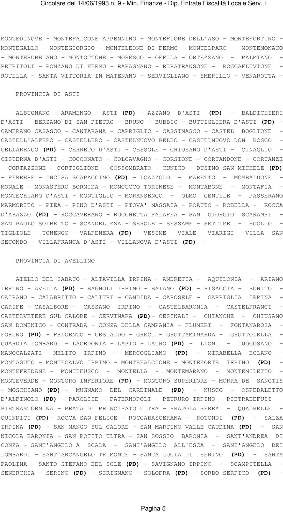 ALBUGNANO - ARAMENGO - ASTI (PD) - AZZANO D'ASTI (PD) - BALDICHIERI D'ASTI - BERZANO DI SAN PIETRO - BRUNO - BUBBIO - BUTTIGLIERA D'ASTI (PD) - CAMERANO CASASCO - CANTARANA - CAPRIGLIO - CASSINASCO -