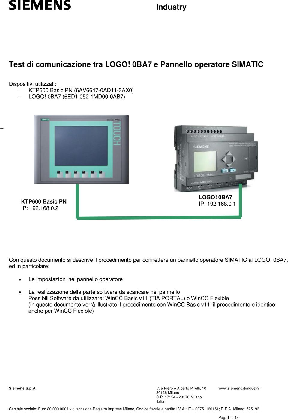 0BA7, ed in particolare: Le impostazioni nel pannello operatore La realizzazione della parte software da scaricare nel pannello Possibili Software da utilizzare: WinCC Basic v11 (TIA PORTAL) o WinCC