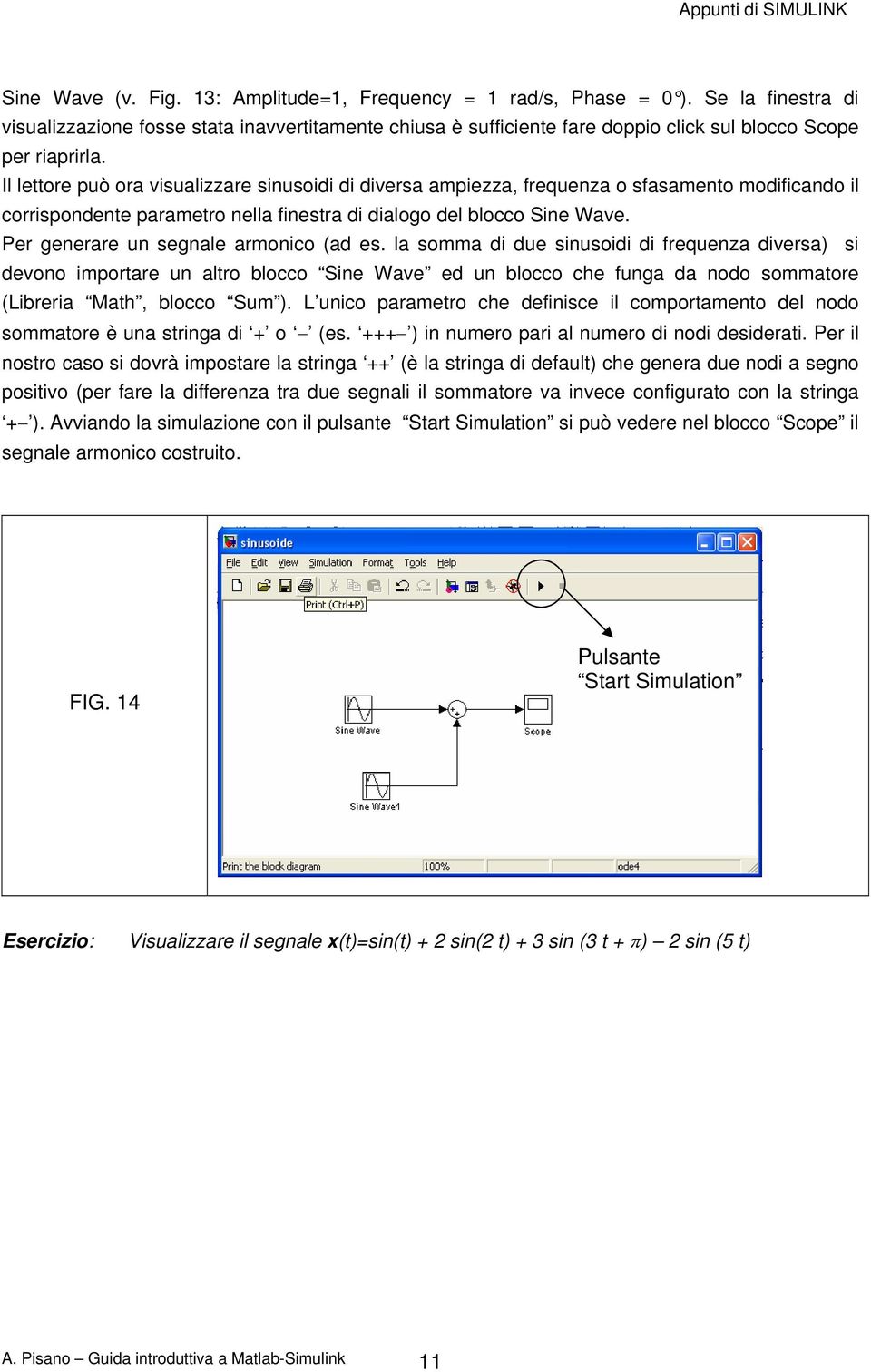 Il lettore può ora visualizzare sinusoidi di diversa ampiezza, frequenza o sfasamento modificando il corrispondente parametro nella finestra di dialogo del blocco Sine Wave.