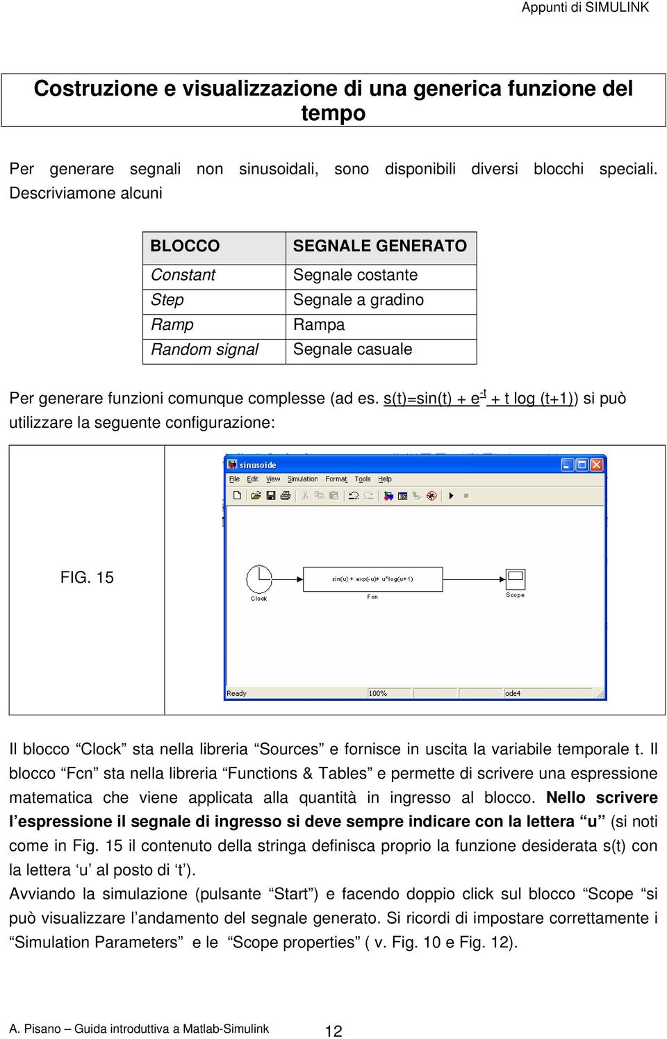 s(t)=sin(t) + e -t + t log (t+1)) si può utilizzare la seguente configurazione: FIG. 15 Il blocco Clock sta nella libreria Sources e fornisce in uscita la variabile temporale t.