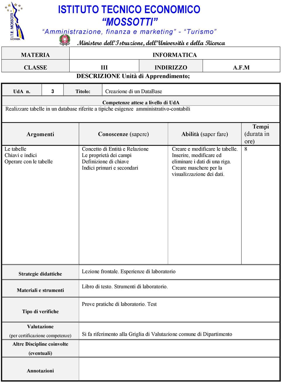 amministrativo-contabili Le tabelle Chiavi e indici Operare con le tabelle Concetto di Entità e Relazione Le