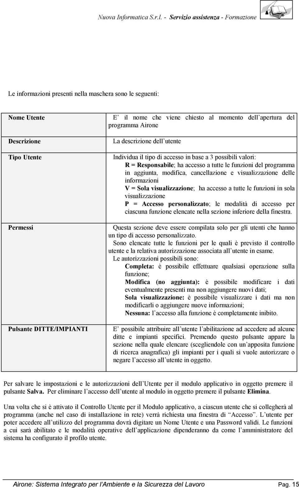 visualizzazione delle informazioni V = Sola visualizzazione; ha accesso a tutte le funzioni in sola visualizzazione P = Accesso personalizzato; le modalità di accesso per ciascuna funzione elencate