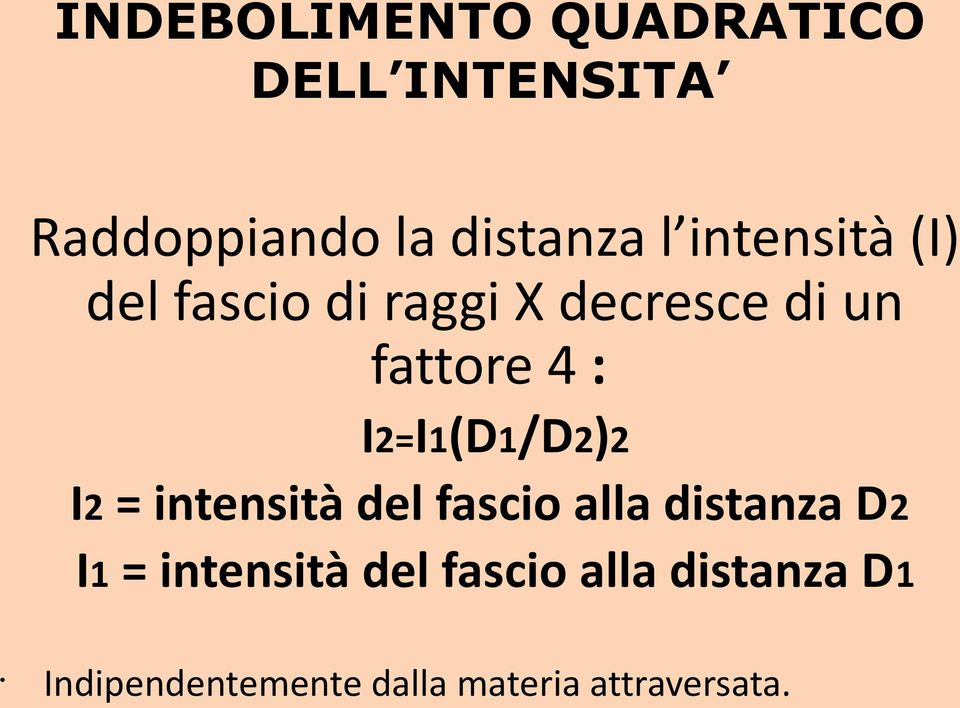 I2=I1(D1/D2)2 I2 = intensità del fascio alla distanza D2 I1 =