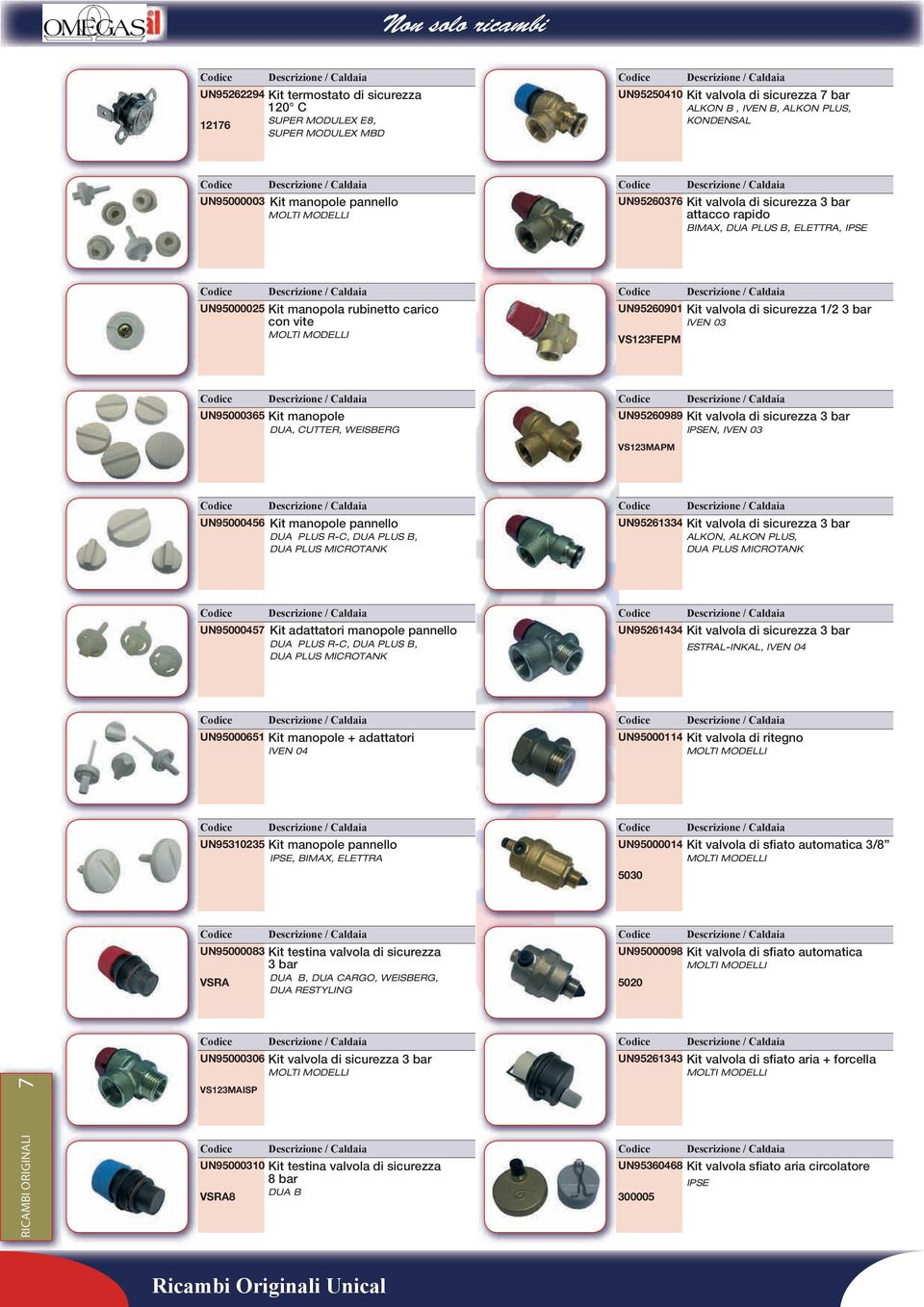 IVEN 03 VS123FEPM UN95000365 Kit manopole DUA, CUTTER, WEISBERG UN95260989 Kit valvola di sicurezza 3 bar N, IVEN 03 VS123MAPM UN95000456 Kit manopole pannello, DUA PLUS B, DUA PLUS MICROTANK