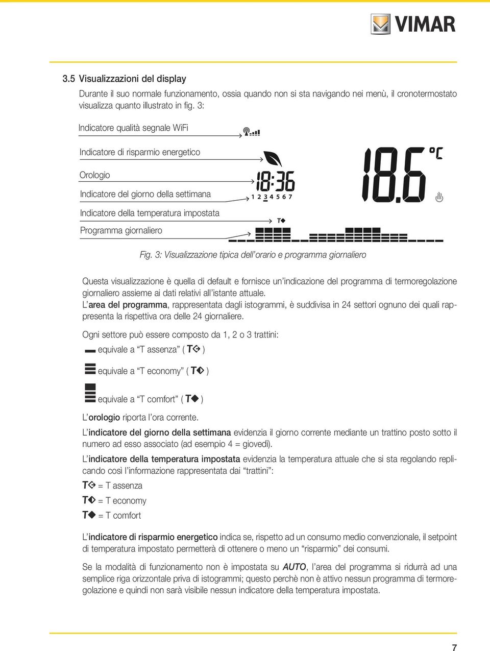 3: Visualizzazione tipica dell orario e programma giornaliero Questa visualizzazione è quella di default e fornisce un indicazione del programma di termoregolazione giornaliero assieme ai dati