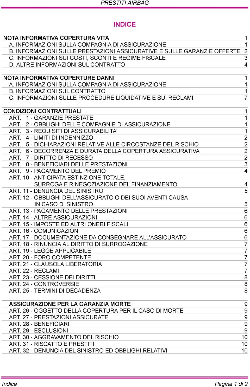 INFORMAZIONI SUL CONTRATTO 1 C. INFORMAZIONI SULLE PROCEDURE LIQUIDATIVE E SUI RECLAMI 7 CONDIZIONI CONTRATTUALI 1 ART. 1 - GARANZIE PRESTATE 1 ART.