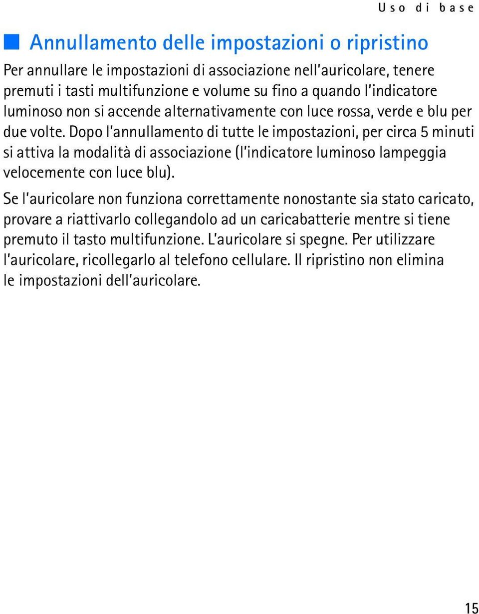 Dopo l annullamento di tutte le impostazioni, per circa 5 minuti si attiva la modalità di associazione (l indicatore luminoso lampeggia velocemente con luce blu).