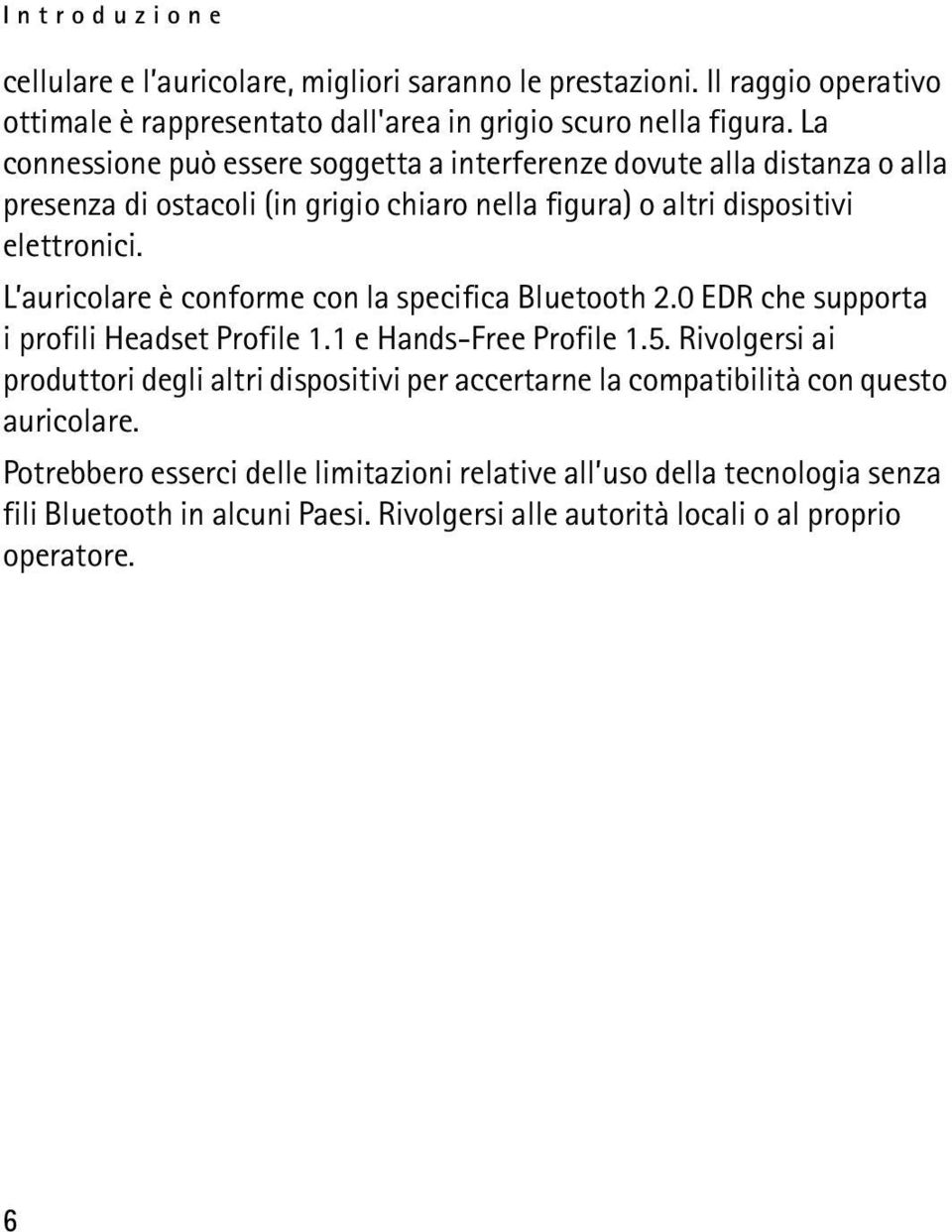 L auricolare è conforme con la specifica Bluetooth 2.0 EDR che supporta i profili Headset Profile 1.1 e Hands-Free Profile 1.5.