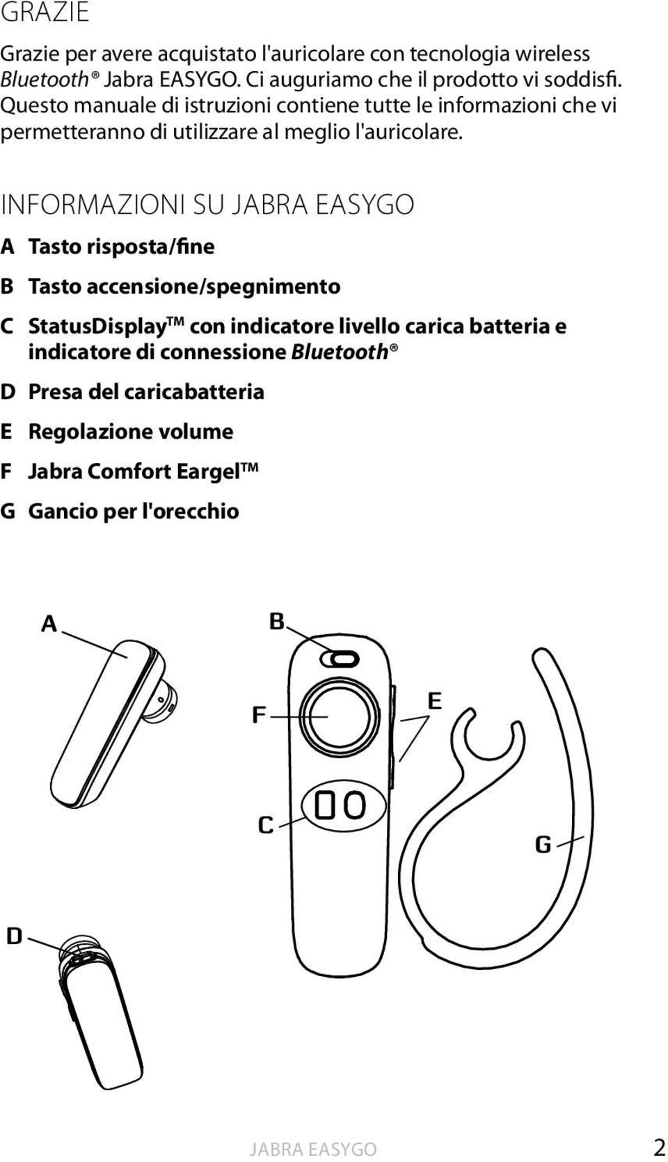 INFORMAZIONI SU JABRA EASYGO A Tasto risposta/fine B Tasto accensione/spegnimento C StatusDisplay TM con indicatore livello carica