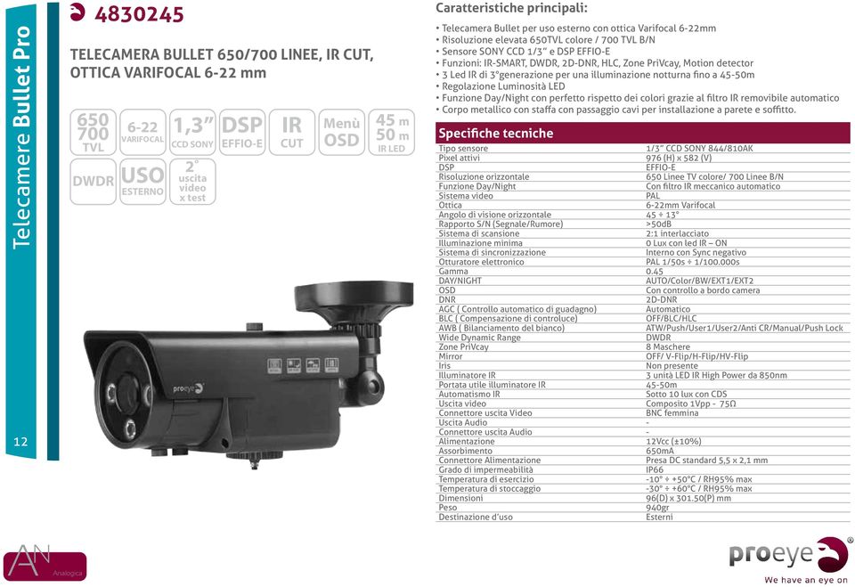 2D-DNR, HLC, Zone PriVcay, Motion detector 3 Led IR di 3 generazione per una illuminazione notturna fino a 45-50m Regolazione Luminosità LED Funzione Day/Night con perfetto rispetto dei colori grazie