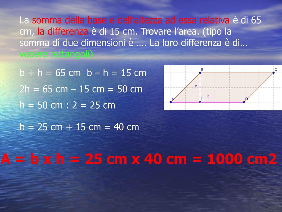 La loro differenza è di vedere rettangoli) b + h = 65 cm b h = 15 cm 2h = 65 cm