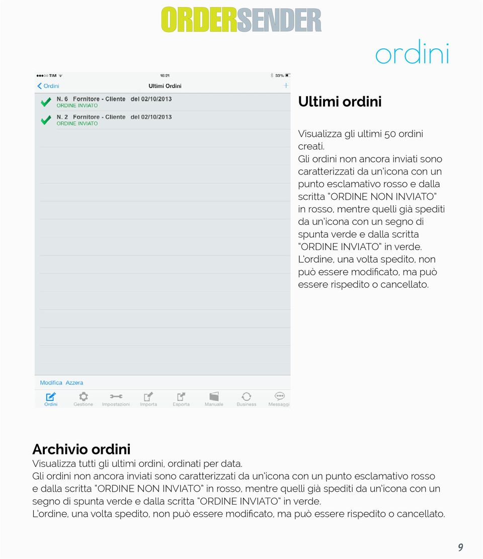 verde e dalla scritta ORDINE INVIATO in verde. L ordine, una volta spedito, non può essere modificato, ma può essere rispedito o cancellato.