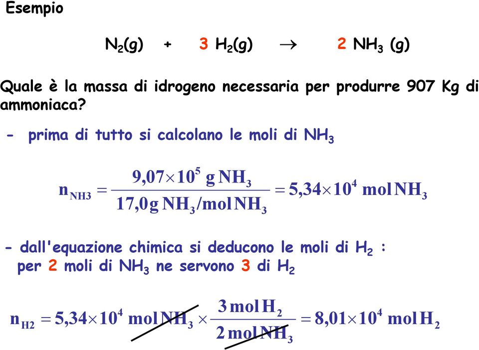 - prima di tutto si calcolano le moli di NH 3 9,07 10 g NH 5 3 n NH3= = 5,34 17,0g NH