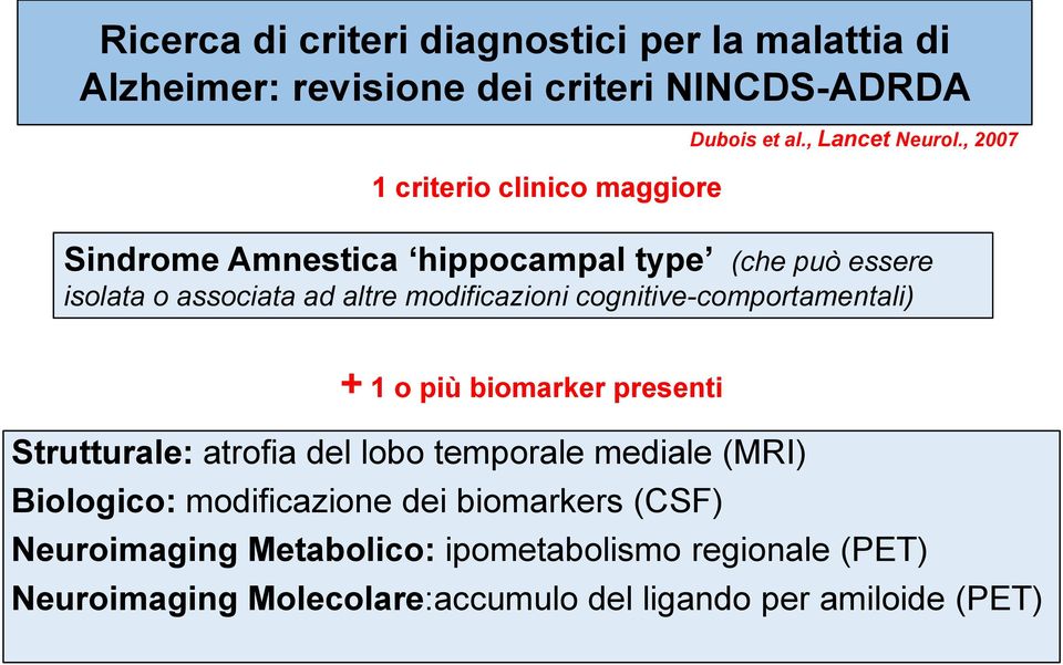 , 2007 Sindrome Amnestica hippocampal type (che può essere isolata o associata ad altre modificazioni cognitive-comportamentali) + 1