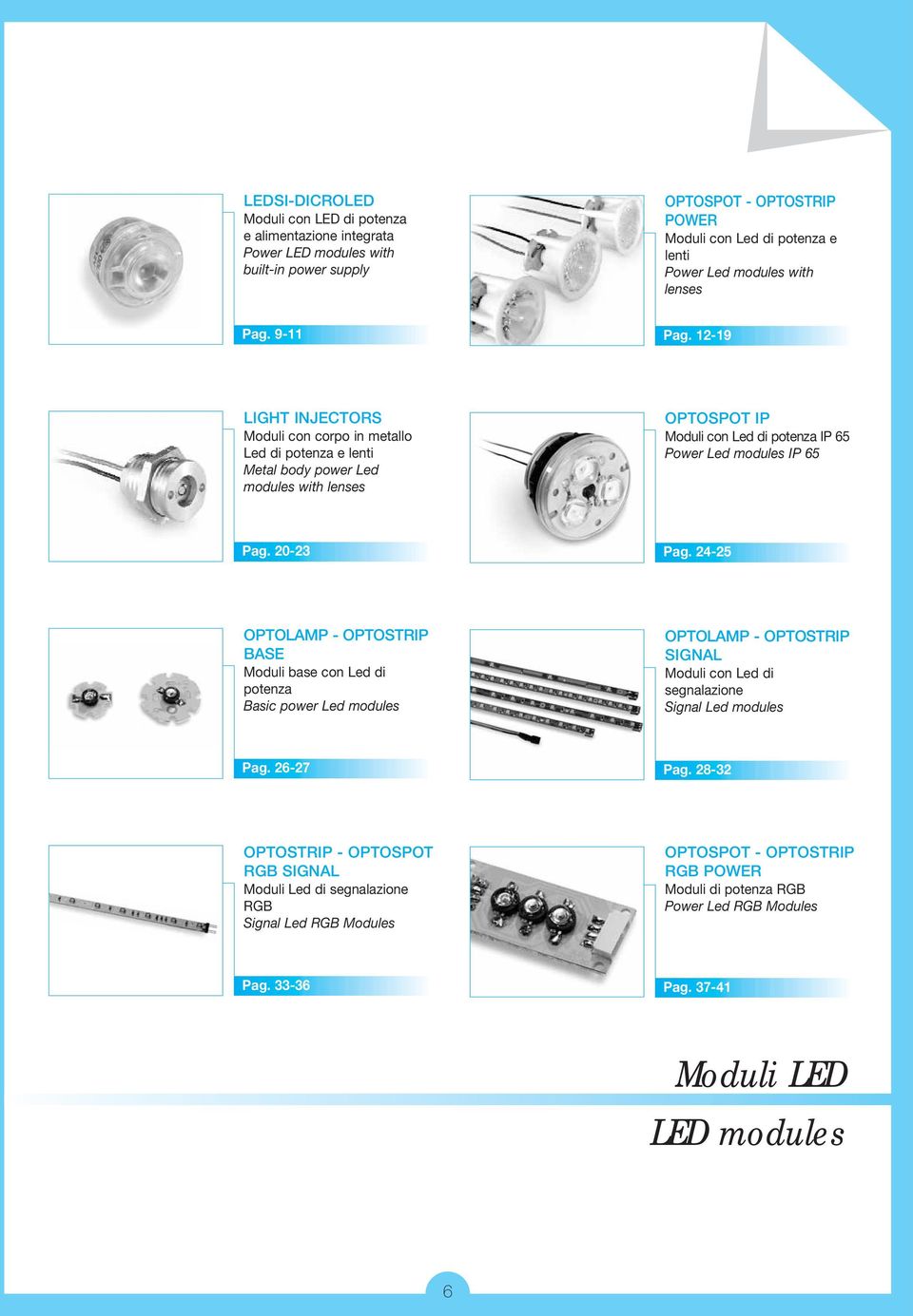 12-19 LIGHT INJECTORS Moduli con corpo in metallo Led di potenza e lenti Metal body power Led modules with lenses OPTOSPOT IP Moduli con Led di potenza IP 65 Power Led modules IP 65 Pag. 20-23 Pag.