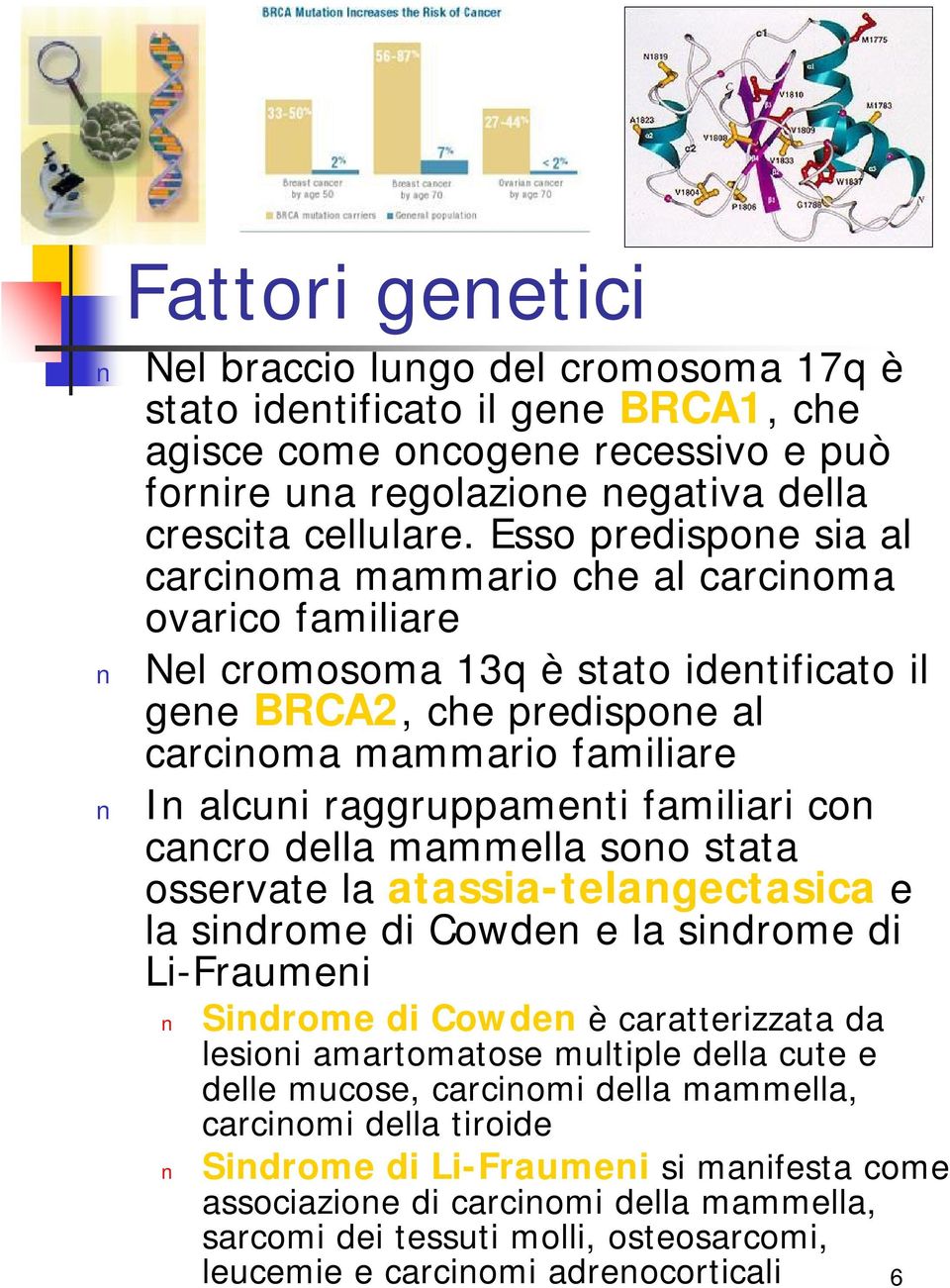 raggruppamenti familiari con cancro della mammella sono stata osservate la atassia-telangectasica e la sindrome di Cowden e la sindrome di Li-Fraumeni Sindrome di Cowden ècaratterizzata da lesioni