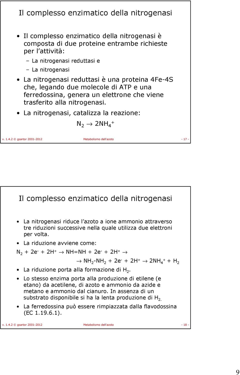 1.4.2 gsartor 2001-2012 Metabolismo dell'azoto - 17 - Il complesso enzimatico della nitrogenasi La nitrogenasi riduce l azoto a ione ammonio attraverso tre riduzioni successive nella quale utilizza