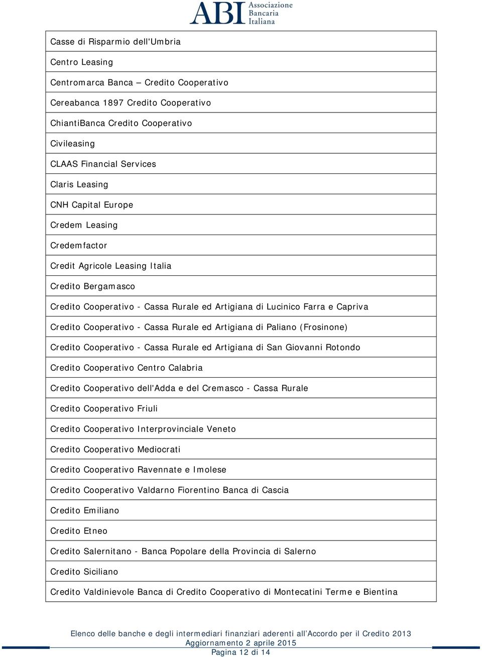 Cooperativo - Cassa Rurale ed Artigiana di Paliano (Frosinone) Credito Cooperativo - Cassa Rurale ed Artigiana di San Giovanni Rotondo Credito Cooperativo Centro Calabria Credito Cooperativo