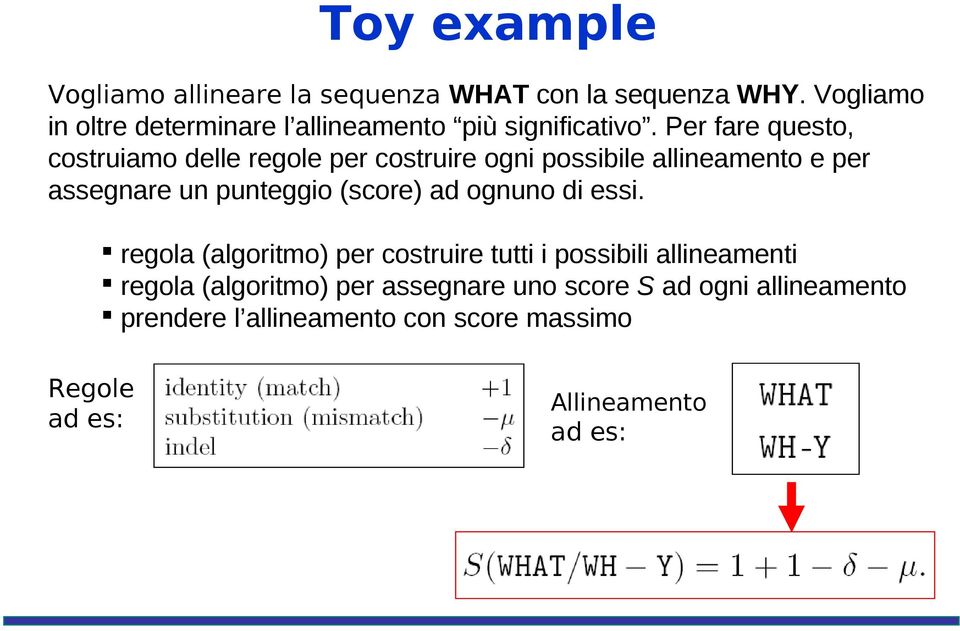 Per fare questo, costruiamo delle regole per costruire ogni possibile allineamento e per assegnare un punteggio (score)