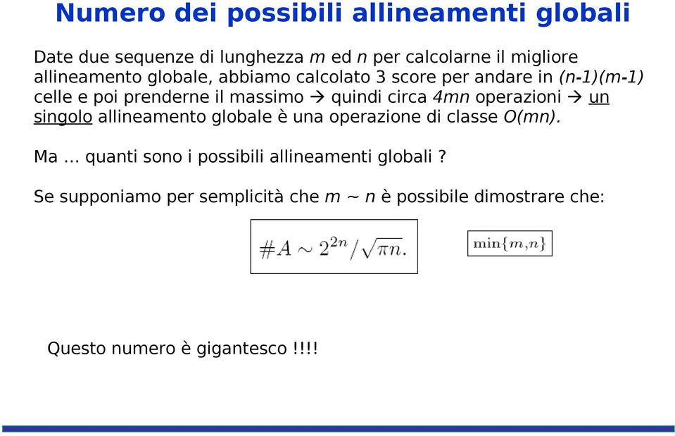 circa 4mn operazioni un singolo allineamento globale è una operazione di classe O(mn).