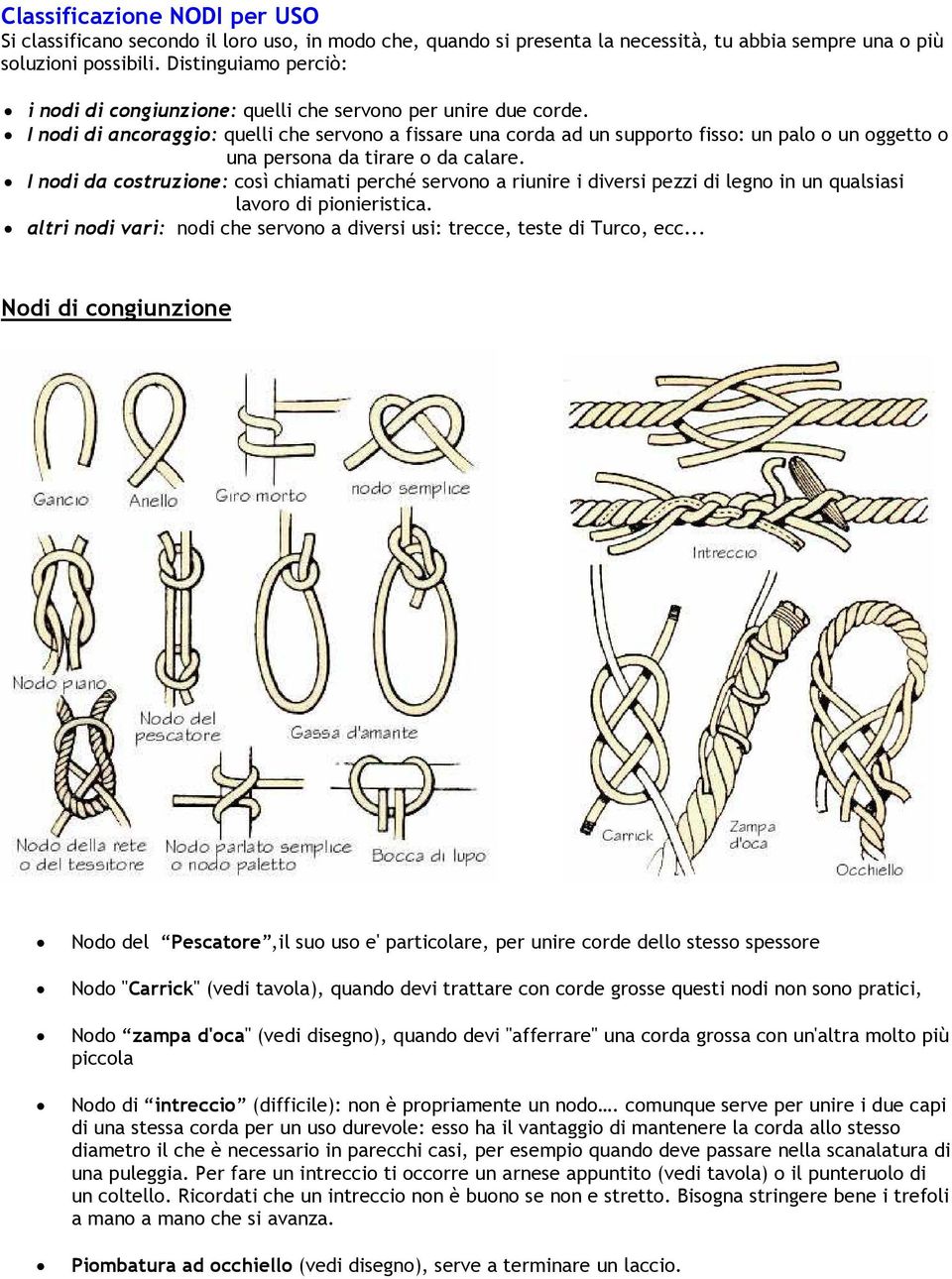 I nodi di ancoraggio: quelli che servono a fissare una corda ad un supporto fisso: un palo o un oggetto o una persona da tirare o da calare.