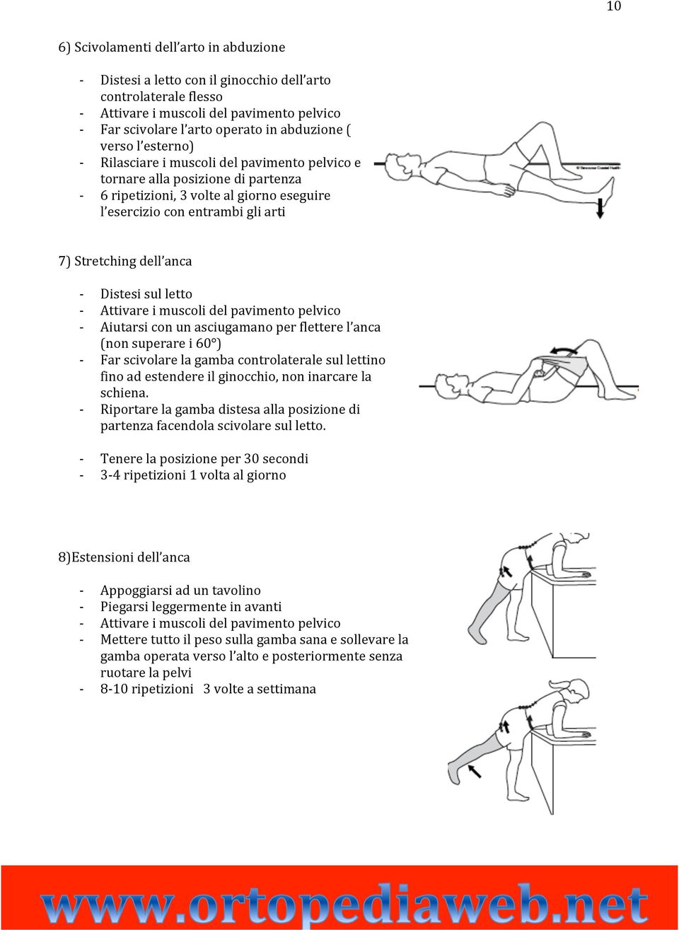 sul letto Attivare i muscoli del pavimento pelvico Aiutarsi con un asciugamano per flettere l anca (non superare i 60 ) Far scivolare la gamba controlaterale sul lettino fino ad estendere il
