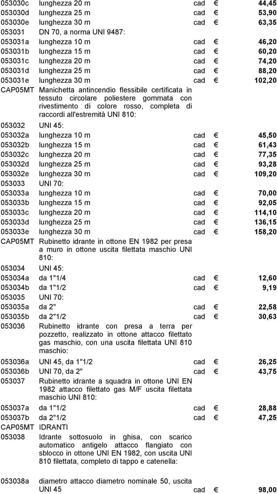 completa di raccordi all'estremità UNI 810: 053032 UNI 45: 053032a lunghezza 10 m 45,50 053032b lunghezza 15 m 61,43 053032c lunghezza 20 m 77,35 053032d lunghezza 25 m 93,28 053032e lunghezza 30 m
