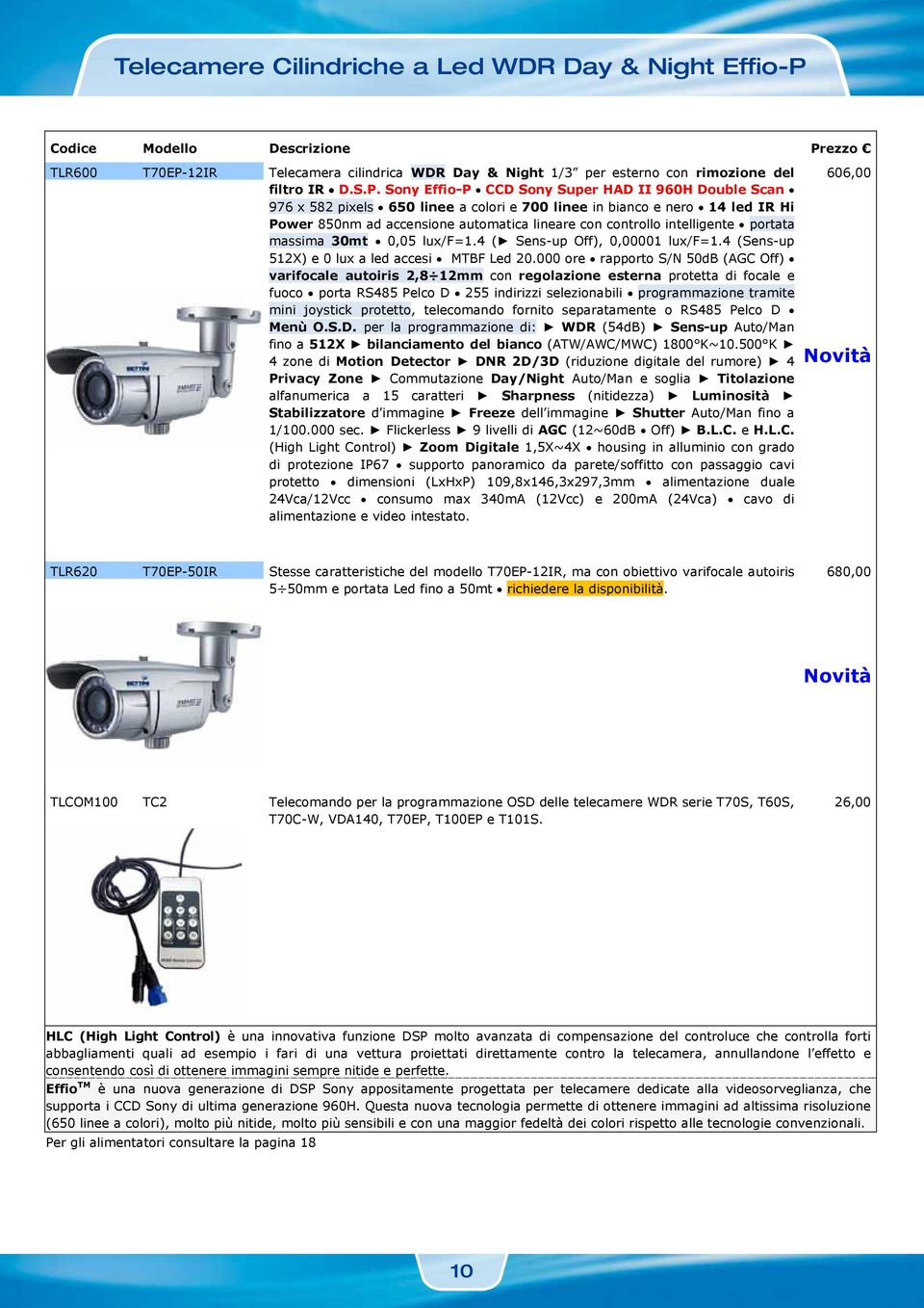 12IR Telecamera cilindrica WDR Day & Night 1/3 per esterno con rimozione del filtro IR D.S.P.