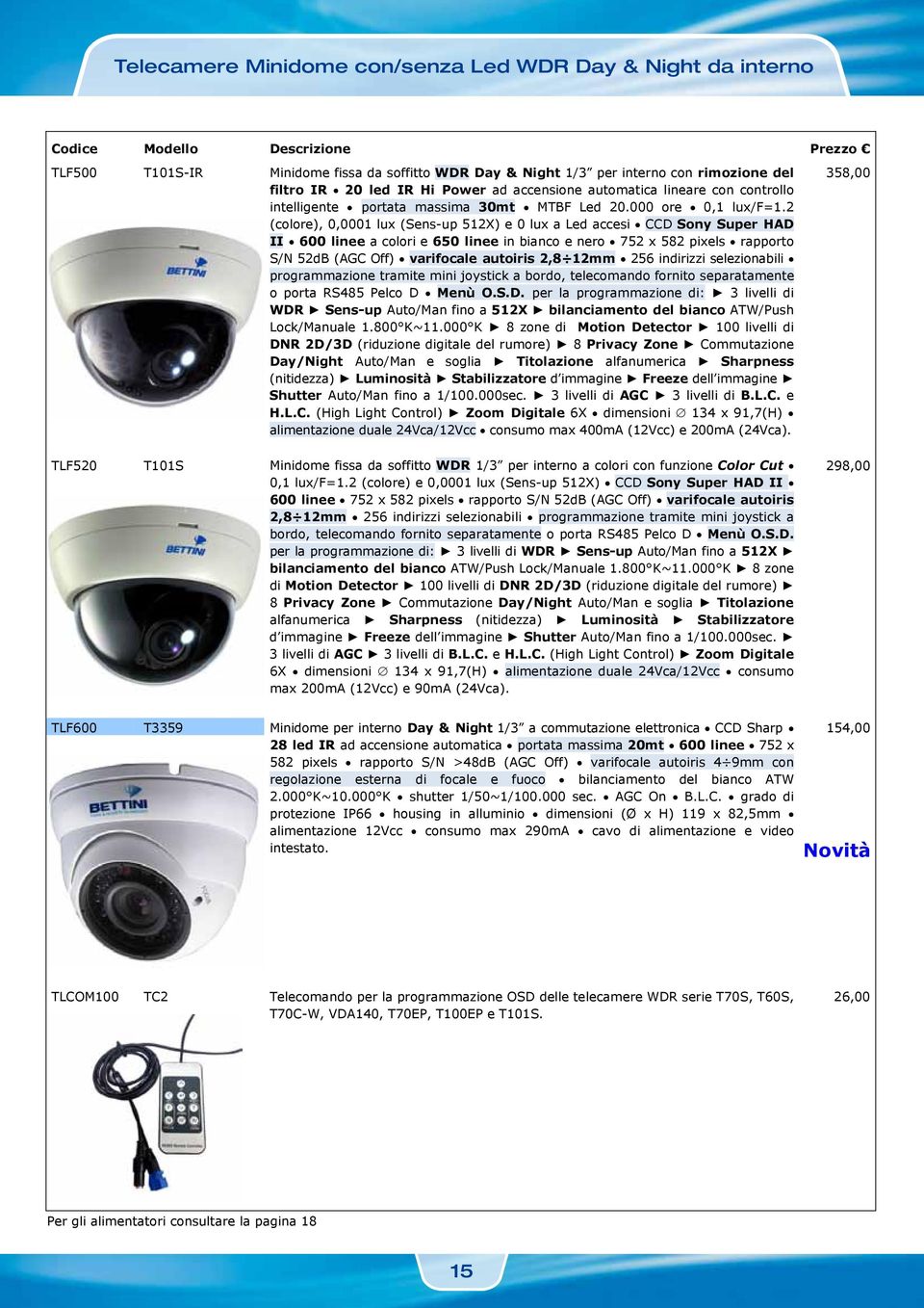 2 (colore), 0,0001 lux (Sens-up 512X) e 0 lux a Led accesi CCD Sony Super HAD II 600 linee a colori e 650 linee in bianco e nero 752 x 582 pixels rapporto S/N 52dB (AGC Off) varifocale autoiris 2,8