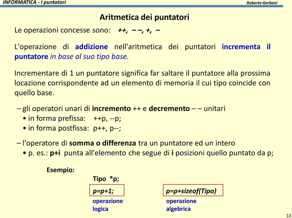 gli operatori unari di incremento ++ e decremento unitari in forma prefissa: ++p, --p; in forma postfissa: p++, p--; l'operatore di somma o differenza tra un puntatore