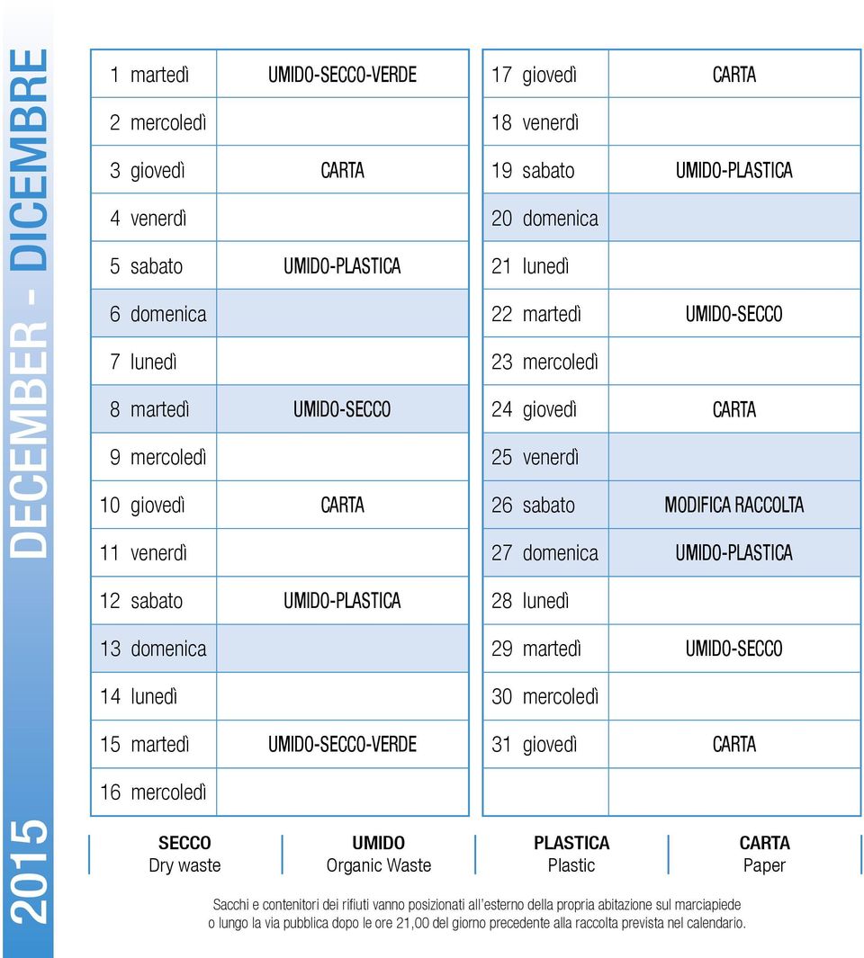 martedì UMIDO-SECCO 14 lunedì 30 mercoledì 15 martedì 31 giovedì 16 mercoledì 2015 SECCO Dry waste UMIDO Organic Waste PLASTICA Plastic Sacchi e contenitori dei rifiuti