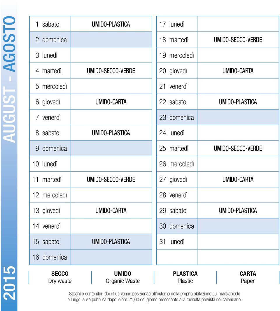 14 venerdì 30 domenica 15 sabato 31 lunedì 16 domenica 2015 SECCO Dry waste UMIDO Organic Waste PLASTICA Plastic Sacchi e contenitori dei rifiuti vanno