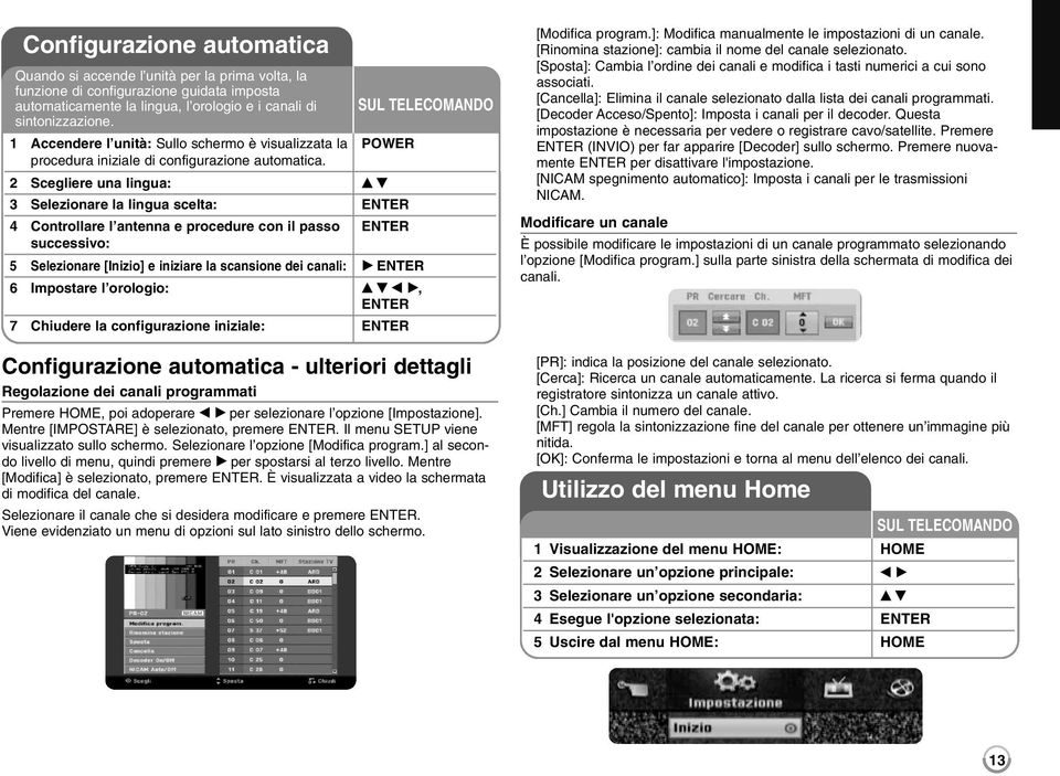 2 Scegliere una lingua: v V SUL TELECOMANDO 3 Selezionare la lingua scelta: ENTER 4 Controllare l antenna e procedure con il passo ENTER successivo: 5 Selezionare [Inizio] e iniziare la scansione dei