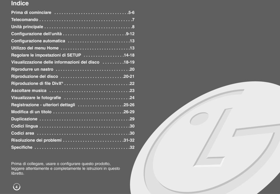 ................14-18 Visualizzazione delle informazioni del disco.........18-19 Riprodurre un nastro...............................20 Riproduzione del disco..........................20-21 Riproduzione di file DivX.