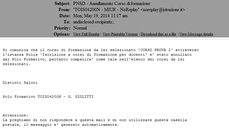 Se si desidera cancellare un corso formativo a cui risultano iscritti già dei docenti, l utente che deve procedere con l Annullamento del corso verrà avvisato che il sistema provvederà ad aggiornare