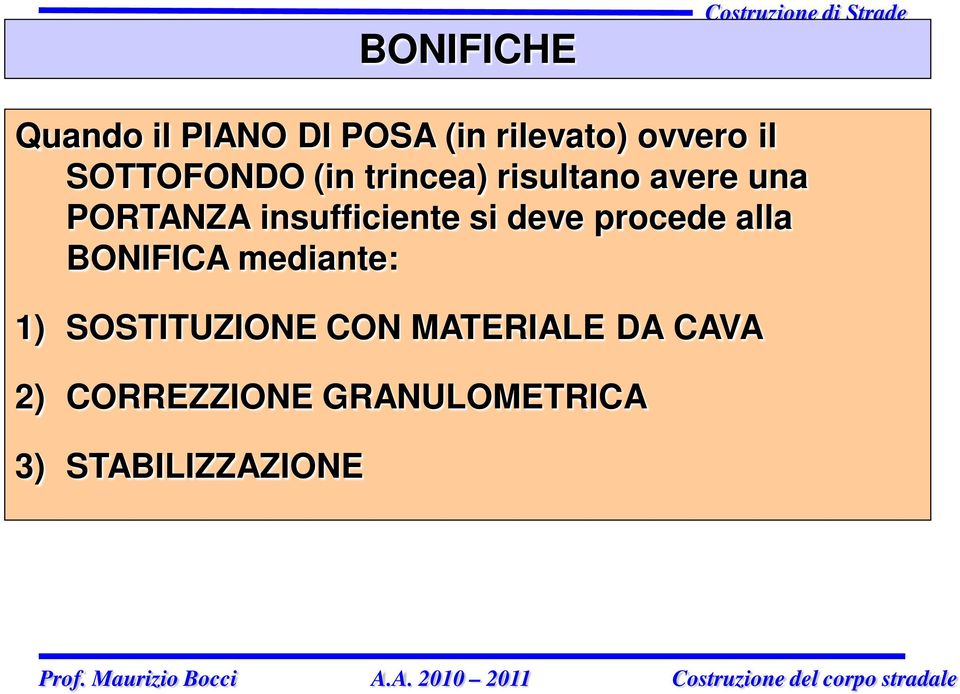 PORTANZA insufficiente si deve procede alla BONIFICA mediante: 1)