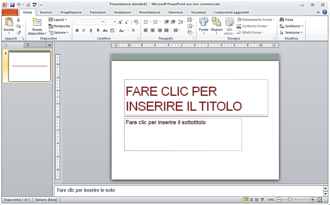 LAYOUT Sulla prima diapositiva ci sono dei riquadri: Titolo, sottotitolo,