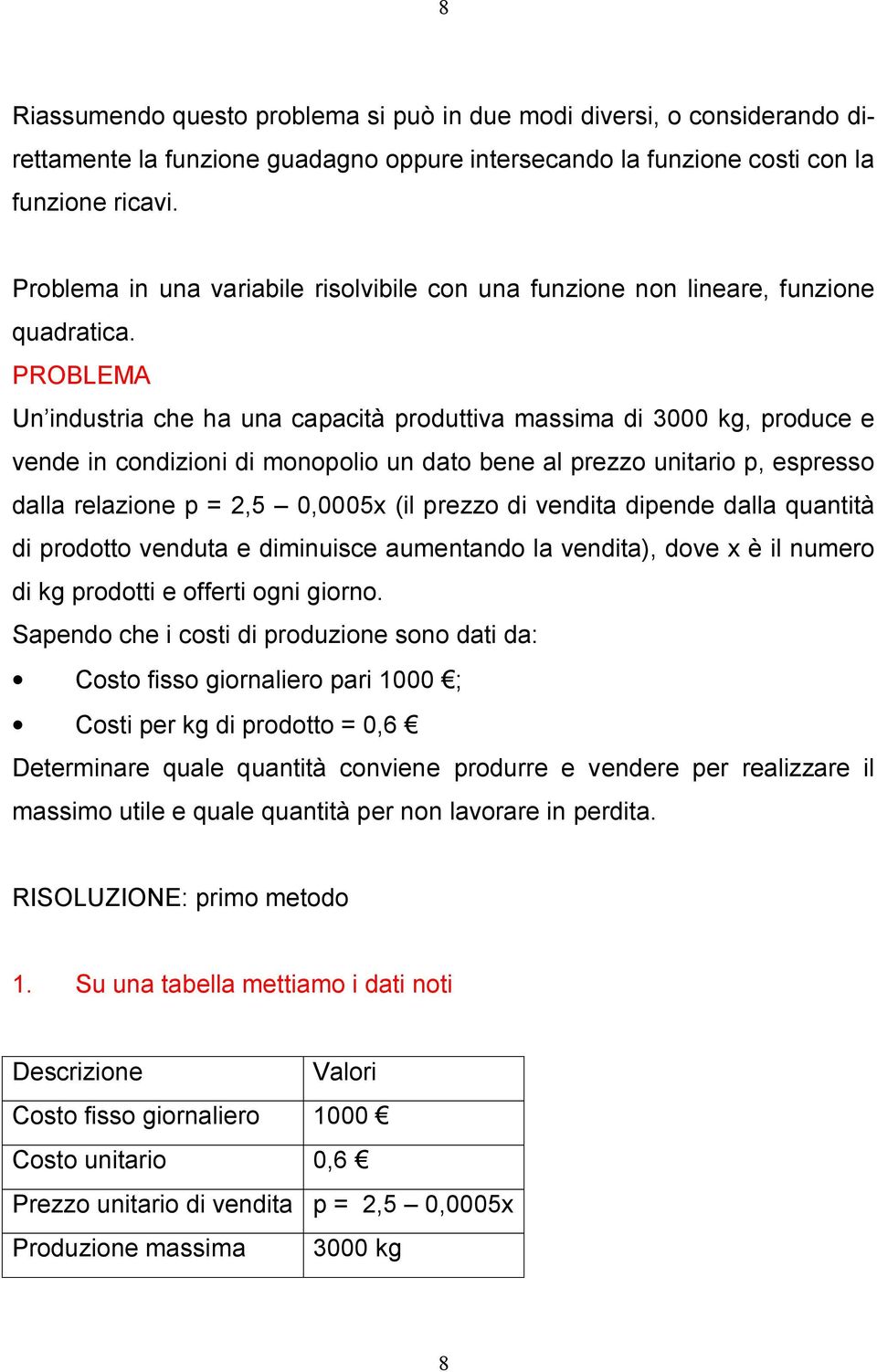 PROBLEMA Un industria che ha una capacità produttiva massima di 3000 kg, produce e vende in condizioni di monopolio un dato bene al prezzo unitario p, espresso dalla relazione p,5 0,0005x (il prezzo