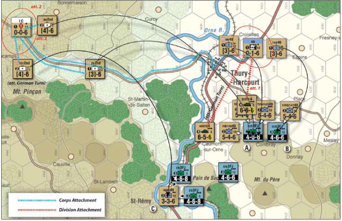 ESEMPIO DI GIOCO - ARTIGLIERIA E il turno Alleato e questi attacca l unità tedesca A (III/5/3FJ) con 4 unità adiacenti.